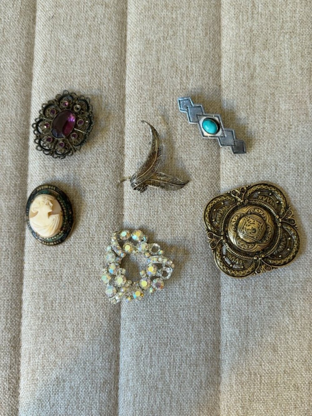 Vintage Estate Brooch Collection, Lot of 6 Cameo Rhinestone Filigree Pins